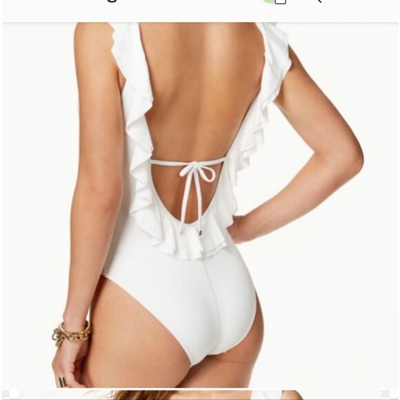 🆕️ Michael Kors Women’s White Ruffled plunging V Neck One Piece Swimsuit - Picture 4 of 7